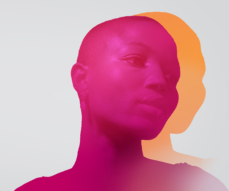 Stylized portrait of a person with short hair rendered in a bright magenta overlay, looking to the right, with a solid orange silhouette offset behind them