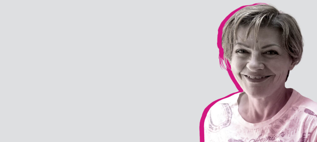 Bridgette, a SetPoint patient, with a pink outline