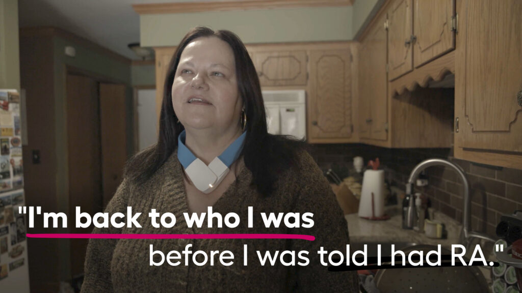 Patty wearing her SetPoint charger, with the text "I'm back to who I was before I was told I had RA."
