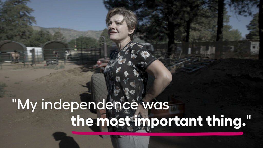 Bridgette standing on a farm, with the text "My independence was the most important thing."